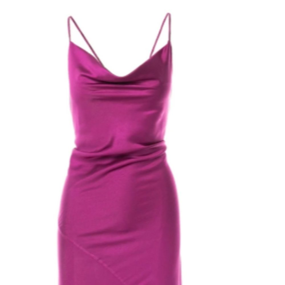 NWT Roserry Tulum Cowl Neck Satin Ankle Dress in Fuchsia